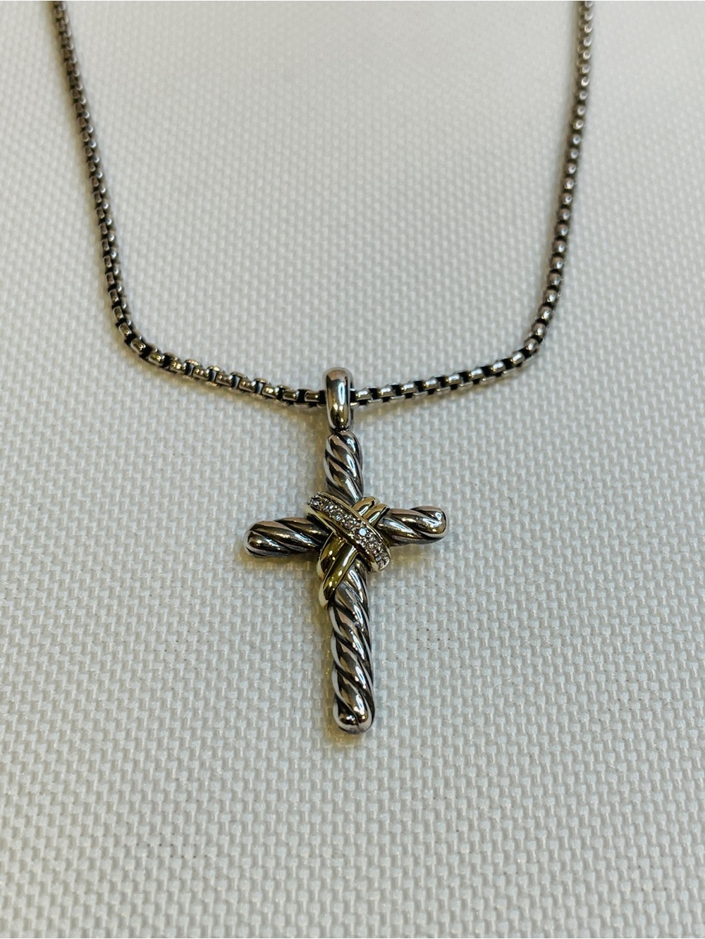David Yurman X Cross Silver 14K Yellow Gold And Diamond Necklace